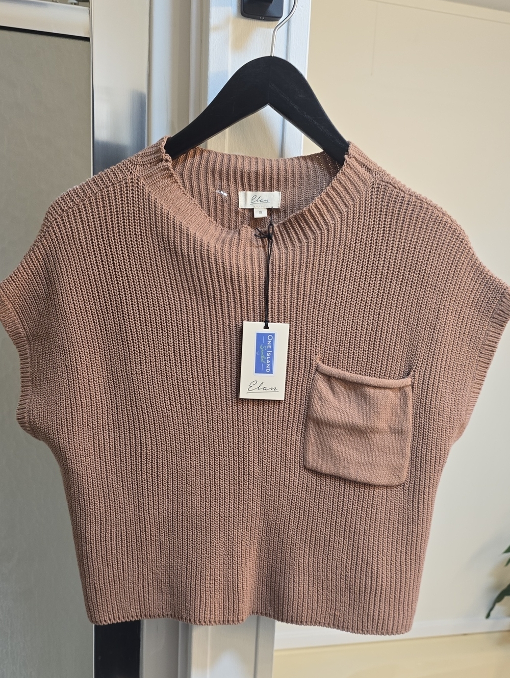 Elan Dusty Rose Short-Sleeve Knit Sweater with Pocket NEW